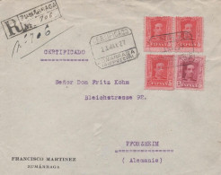 ZUMARRAGA GUIPUZCOA CC CERTIFICADA A PFORZHEIM 1927 SELLOS ALFONSO XIII VAQUER - Cartas & Documentos