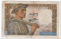 FRANCE,10 FRANCS,1944,P.99b,F-VF,FEW PIN HOLES - 5 F 1917-1940 ''Violet''