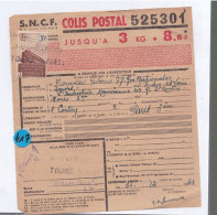 Un Timbre N° 208   3 F   Colis Postal  Postaux   Expéditeur : Tours  Indre & Loir    Carton      Destination Paris - Covers & Documents