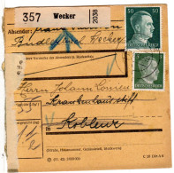 Luxemburg DR 1943, 50+5 Pf. Auf Paketkarte V. Wecker N. Koblenz M. Rücksendung - Ocupación 1938 – 45