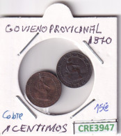 CRE3947 LOTE 2 MONEDAS ESPAÑA 1 CTS GOB. PROVISIONAL 1870 COBRE MBC - Altri & Non Classificati