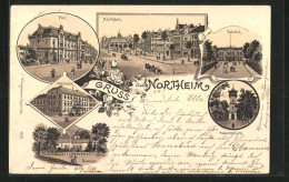 Lithographie Northeim, Hotel Sonne, Brunnen, Bahnhof, Aussichtsthurm, Post  - Northeim