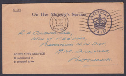 GB Great Britain 1963 Used OHMS On Her Majesty's Service Cover, Admiralty, Navy, Naval, Dockyard, Devon To Portsmouth - Lettres & Documents