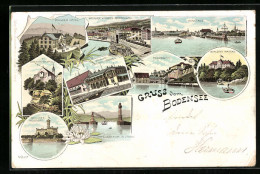 Lithographie Konstanz, Bodensee, Schloss Mainau, Meersburg  - Meersburg