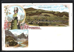 Lithographie Appenzell, Gesamtansicht, Seealpsee, Appenzellerin  - Appenzell