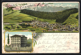 Lithographie Einsiedeln, Gasthaus St. Johann, Panorama  - Einsiedeln