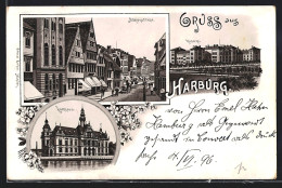 Lithographie Harburg, Kaserne, Rathaus, Mühlenstrasse  - Harburg