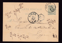 DDGG 493 - Entier Postal OREYE 1887 Vers Liège - COBA 8 EUR S/TP Détaché - Postkarten 1871-1909