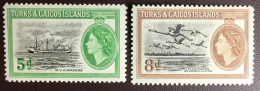 Turks & Caicos 1955 Definitives Set Ships Birds MNH - Turks And Caicos