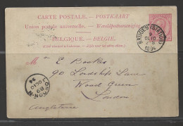1891 Postal Card Bruges (Station) Oct 10, London Rec'd Mark Same Day - 1884-1891 Leopold II