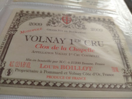 ÉTIQUETTE DE VIN VOLNAY PREMIER CRU 2009 MONOPOLE CLOS DE LA CHAPELLE DOMAINE LOUIS BOILLOT - Bourgogne