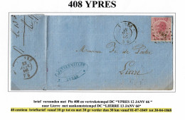 D308  OCB 20  PTS 108  YPRES   NAAR  LIERRE    DUBBEL PORT - 1865-1866 Perfil Izquierdo