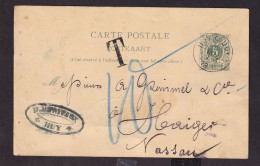 DDGG 497 - Entier Postal HUY (Sud) 1890 Vers Nassau - Cachet Derivaux à HUY - Taxée 10 Pfgs Au Crayon Bleu - Postkarten 1871-1909