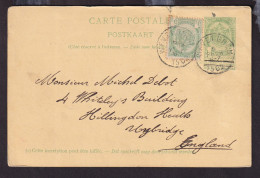 DDGG 513 - Entier Postal Armoiries WEVELGHEM 1902 Vers L' Angleterre - COBA 8 EUR S/TP Détaché - Postkarten 1871-1909