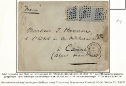 D310  OCB 18 Strip Van 3    PTS 61  IXELLES BRUXELLES    NAAR  CANNESDUBBELE PORT NAAR FRANKRIJK - 1865-1866 Profile Left