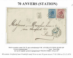 D317 OCB  18+20       PTS 70  ANVERS STATION    NAAR  PARIS   DUBBEL PORT - 1865-1866 Profile Left