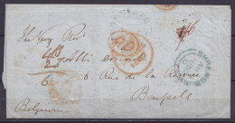 Grande Bretagne - L. Datée 24 Août 1852 De NEWPORT Pour BRUSSELS - Càd SHREWSBURY /AU 24/ 1852 & Cachet Date "25 AU 25 / - 1851-1857 Medaillons (6/8)