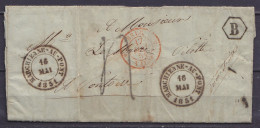 L. Datée 16 Mai 1851 Double Càd MARCHIENNE-AU-PONT /16 MAI 1851 Pour PONTOISE - Port "4" Au Tampon - Boîte Auxilliaire " - 1851-1857 Medallions (6/8)