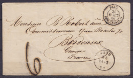 L. Datée 24 Mars 1860 De GAND Pour BORDEAUX - Port "6" Au Tampon Càd GAND /24-3-60 - Càd "BELG./25 MARS 60/ AMB. CALAIS. - 1858-1862 Medallions (9/12)