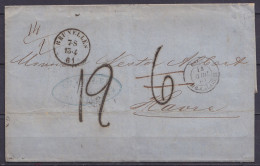 L. Port "6" Au Tampon Corrigé En "12" Càd BRUXELLES /13/4/1861 Pour LE HAVRE - Càd "BELG. AMB. CALAIS.M" (au Dos: Càd PA - 1858-1862 Medaillen (9/12)