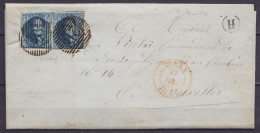 L. Datée 23 Juillet 1854 De Mohiville Affr. 2x N°7 P28 Càd CINEY /27 JUIL 1854 Pour BRUXELLES - Boîte "H" (au Dos: Càd A - 1851-1857 Medallions (6/8)