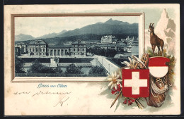 Passepartout-Lithographie Olten, Ortsansicht Mit Wappen Und Schweizerkreuz  - Olten