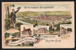 Lithographie Hann. Münden, 1. Mündener Heimatfest 1897, Langestrasse, Rathaus, St. Blasii, Ganzsache  - Cartoline