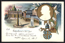 Lithographie Rom, Petersdom Mit Petersplatz, Konterfei Papst Leo XIII.  - Papi