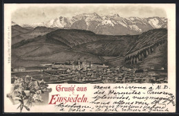 Lithographie Einsiedeln, Ortsansicht Mit Kloster Und Den Alpen Aus Der Vogelschau  - Einsiedeln