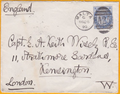 1890 - Enveloppe De La Valetta, Malte Vers Kensington, Angleterre - 2 1/2 Pence Victoria Outremer - Oblitération Duplex - Malta (...-1964)