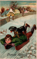 CPA - ILLUSTRATION - "Bonne Année" Scène Garçon Avec Chien Sur Luge - Edition L.P - Kindertekeningen