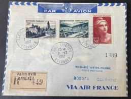 Lettre Recommandé 1952 Par Avion Paris Bogota Colombie Au Verso Vignette Air France Voyage D'étude - 1927-1959 Covers & Documents