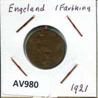 FARTHING 1921 UK GREAT BRITAIN Coin #AV980.U.A - B. 1 Farthing