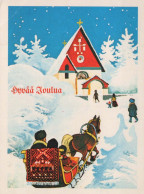 Feliz Año Navidad CABALLO IGLESIA Vintage Tarjeta Postal CPSM #PAY305.A - New Year