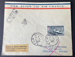 Lettre Reprise Du Service Aeropostal Paris Cayenne Via Fort De France 1953 Taxe 10 Fr Gerbes Au Verso - 1927-1959 Covers & Documents