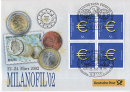 Germany Deutschland 2002 FDC MILANOFIL Briefmarkenausstellung Philatelic Exhibition, Milano Italy Italia Euro Coin, Bonn - 2001-2010