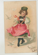 ENFANTS - LITTLE GIRL - MAEDCHEN - Jolie Carte Fantaisie Gaufrée Fillette Dansant Avec Oiseaux (embossed Card) - Kindertekeningen