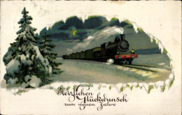 CPA Glückwunsch Neujahr, Eisenbahn, Tannenbaum - Neujahr