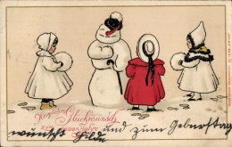 CPA Glückwunsch Neujahr, Mädchen, Schneemann - New Year