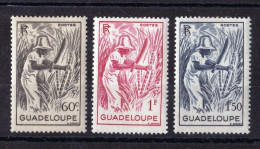 Guadalupe, 1947- Cutting Sugar Canes. Full Issue.  60c; 1f; 1.50f- New Hinged - Unused Stamps