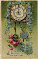 CPA Glückwunsch Neujahr, Uhr, Blumen, Vergissmeinnicht - Neujahr
