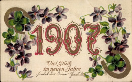Gaufré CPA Glückwunsch Neujahr 1907, Veilchen, Glücksklee, Hufeisen - New Year