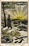 Artiste CPA Kvaz, Fröhliches Neujahr 1915, Glück Und Frieden, Soldat Auf Dem Schlachtfeld, 1. WK - New Year