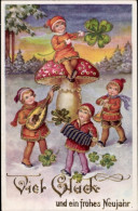 CPA Glückwunsch Neujahr, Musizierende Kinder, Musikinstrumente, Pilz, Glücksklee - Neujahr