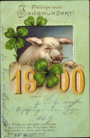 Lithographie Fröhliches Neujahr 1900, Schwein, Kleeblätter, Gedicht - Neujahr