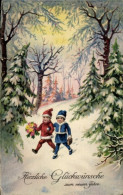 CPA Glückwunsch Neujahr, Kinder Im Wald, Tannenbäume - New Year
