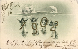 Lithographie Glückwunsch Neujahr 1902, Engel, Mond, Sonne - Neujahr