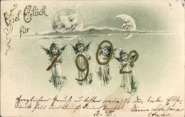 Lithographie Glückwunsch Neujahr 1902, Engel, Mond, Sonne - New Year