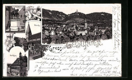 Lithographie Geislingen, Rathaus, Kirche, Kaiser Wilhelm I. Denkmal  - Geislingen