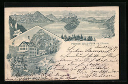 Lithographie Vitznau, Pension Wisssifluh, Ortsansicht Mit See Und Bergen  - Vitznau